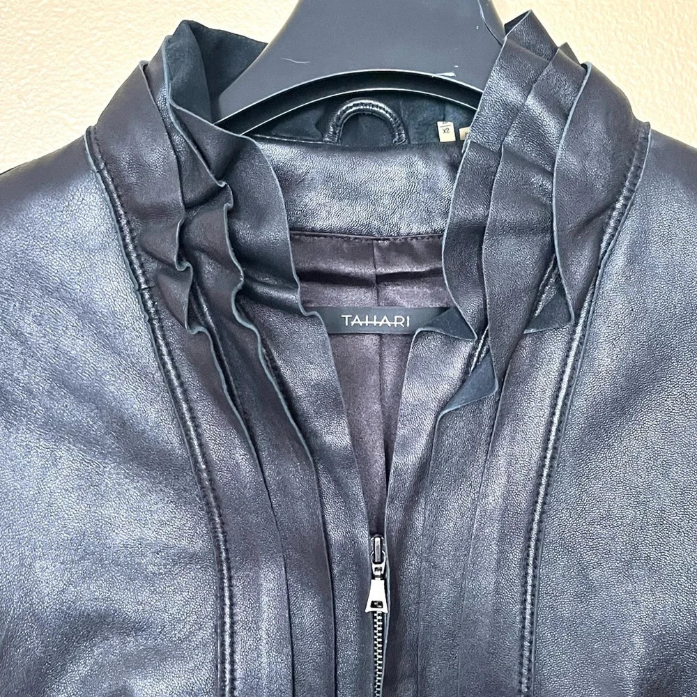 TAHARI 100% Genuine Leather Jacket Blazer Zipper Front Black XS Women - Picture 14 of 14